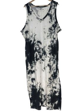 So NWT Tie Dye V-Neck Sleeveless Maxi Dress Size 2X Black White Side Slit Cotton